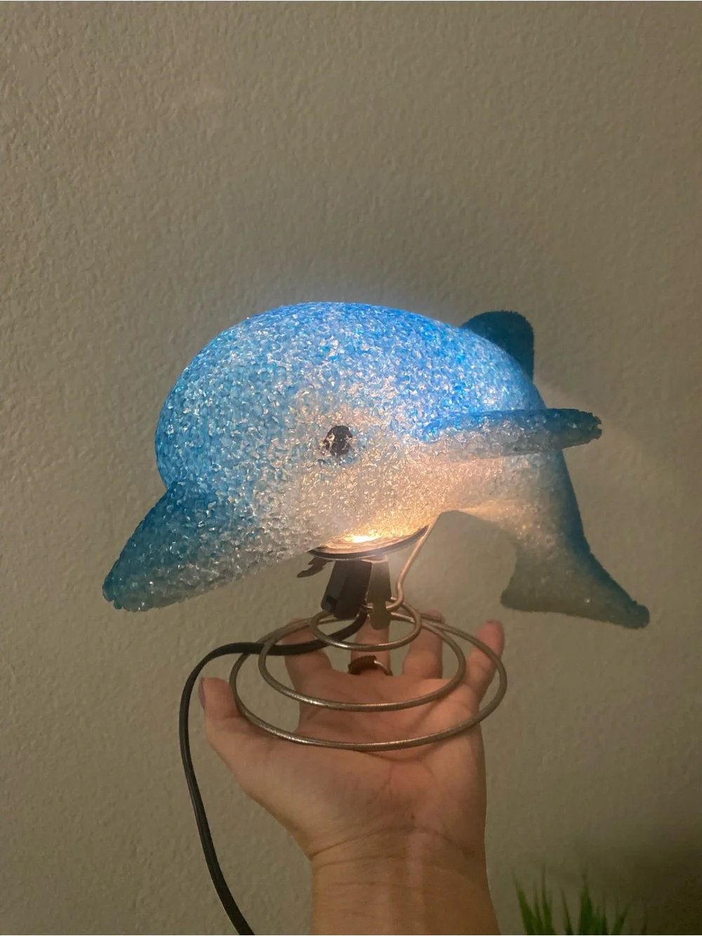 Vintage Dolphin Night Light Lamp Blue/White Corded Metal Spiral Base Y2K 90s kid